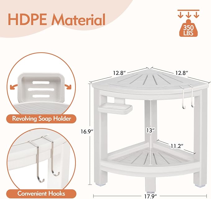 2-Tier Corner Shower Stool with Hooks & Soap Dish, HDPE Shower Bench for Shaving Legs, Wood-Like Shower Stool for Inside Shower with Non-Slip Foot Pads, Waterproof Shower Foot Rest (White)