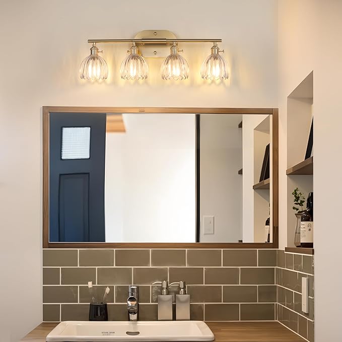 Bathroom Light Fixtures, 4-Light Brass Vanity Wall Light Over Mirror with Clear Tulip Glass Shade for Bedroom Living Room (Bulb Not Included)