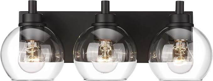 Bathroom Light Fixtures, 3-Light Matte Black Vanity Light, Modern Wall Sconces with Clear Glass Globe Shade, Bathroom Wall Lights for Mirror Kitchen Bedroom Hallway, VL195-MB-3