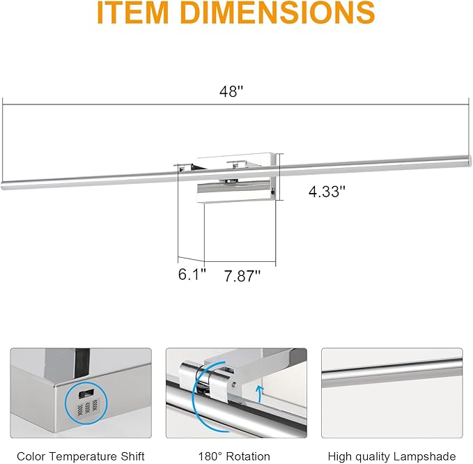 48 Inch LED Bathroom Vanity Light (3000K/4000K/6000K, Dimmable), Chrome Modern Bathroom Light Fixture Over Mirror, Vanity Light Bar with Angle Adjustable