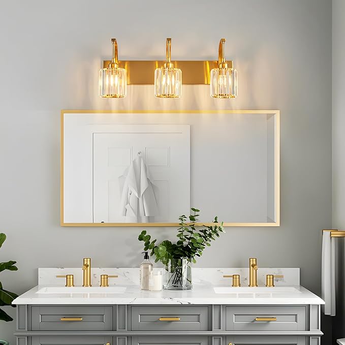 3-Light Crystal Vanity Light, Modern Gold Bathroom Wall Sconce with K9 Crystal Shades, 23.62" Long Over Mirror Lighting for Vanity, Makeup, Hallway, Elegant & Durable