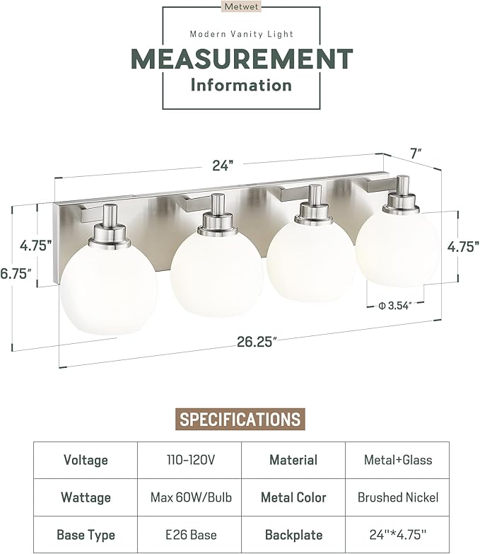 Bathroom Light Fixtures, 4 Light Brushed Nickel Vanity Light, 26 Inch Modern Wall Sconces with Globe Milk White Glass Shade, Vanity Lighting Fixtures Over Mirror, VL195-BN-ML-4