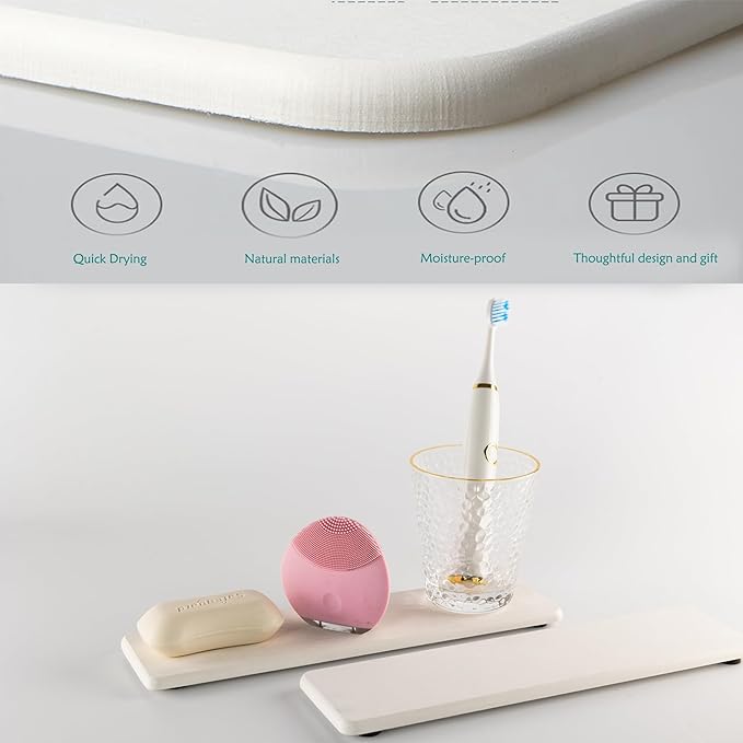 2 Pcs Water Absorbing Stone Trays, Kitchen/Bathroom Sink Soap Dish, Diatomite Tray Used for Hand Soap & Cosmetic Bottles in The Modern Home, 3.15" W x 11.8" L, White