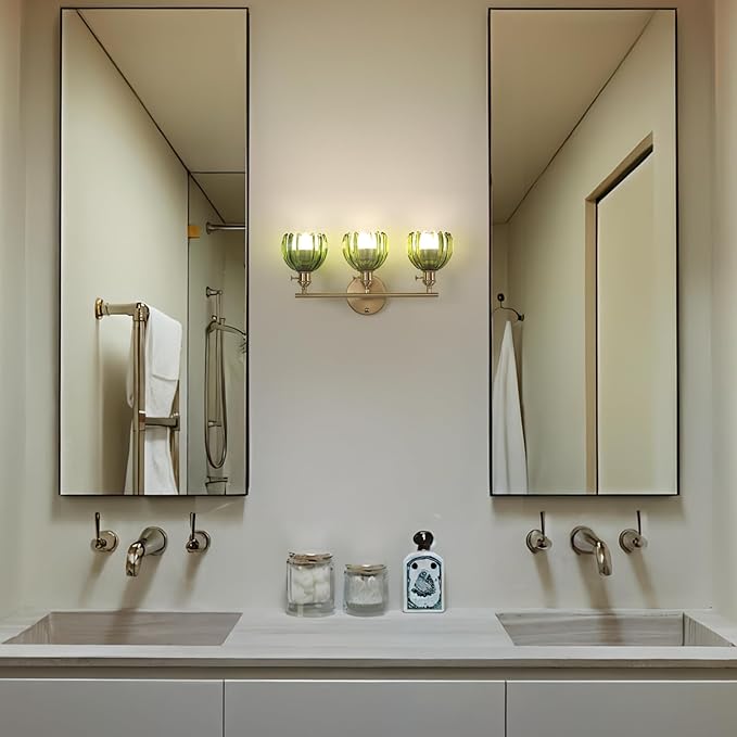 Battery Operated Bathroom Light Fixtures, 3-Light Brass Vanity Wall Light with 5000mAh Rechargeable Bulb Over Mirror with Green Tulip Glass Shade for Bedroom Living Room
