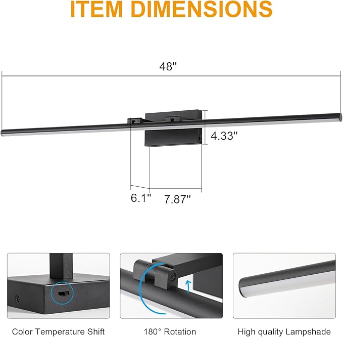 48 Inch LED Bathroom Vanity Light (3000K/4000K/6000K, Dimmable), Black Modern Bathroom Light Fixture Over Mirror, Vanity Light Bar with Angle Adjustable