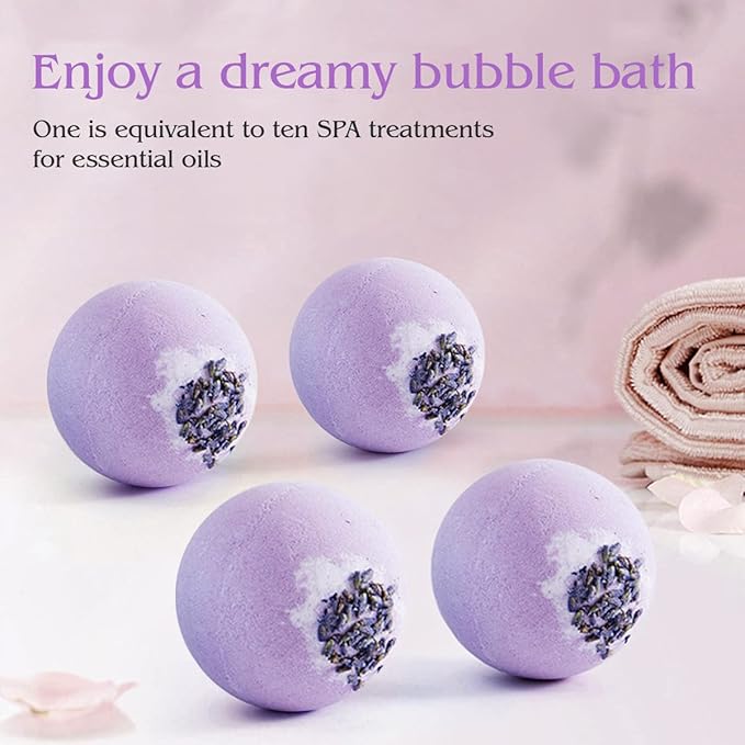 Dried Flower Bath Bombs Salt Balls,4-Pack Gift Set,Lavender Extract Essential Oils,Moisturizing Dry Skin,Fizzy Spa,Relaxation,Self Care,Relaxing,Bubble Bath Bomb Gifts Idea for Men Women
