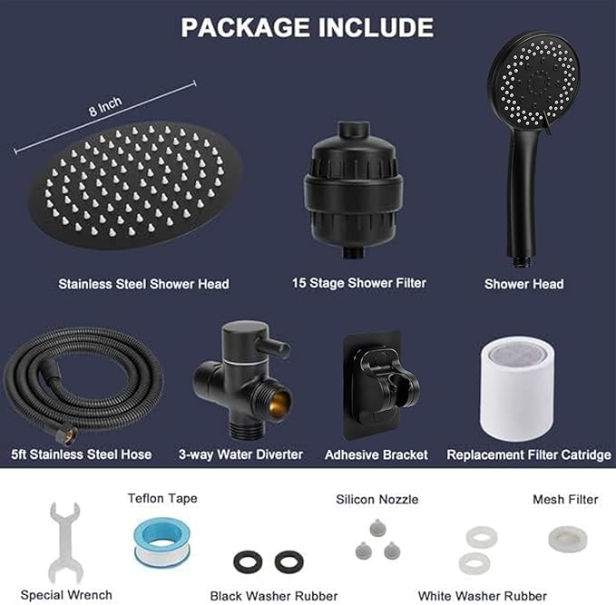 NearMoon Filtered Shower Head, High Pressure 8″Round Rain Shower and 5 settings Handheld Shower Filter Combo with Self-adhesive Holder/1.5M Hose -1 Replaceable Filter Cartridge (Matte Black)