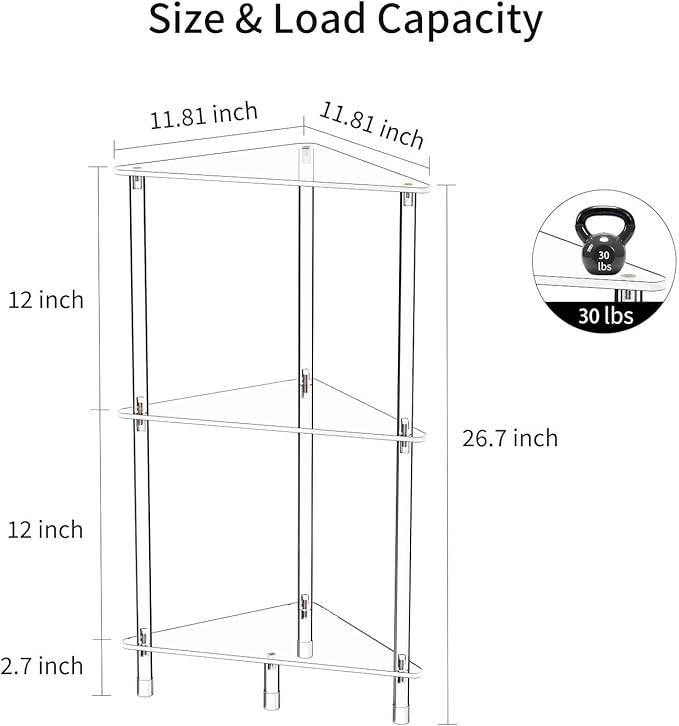 Clear Triangle Acrylic Side Table for Small Space, 11.81" L x 11.81" W x 26.7" H, 3-Tier Transparent Corner Shelf Stand End Table, Corner Storage Display Rack for Living Room Bedroom Bathroom