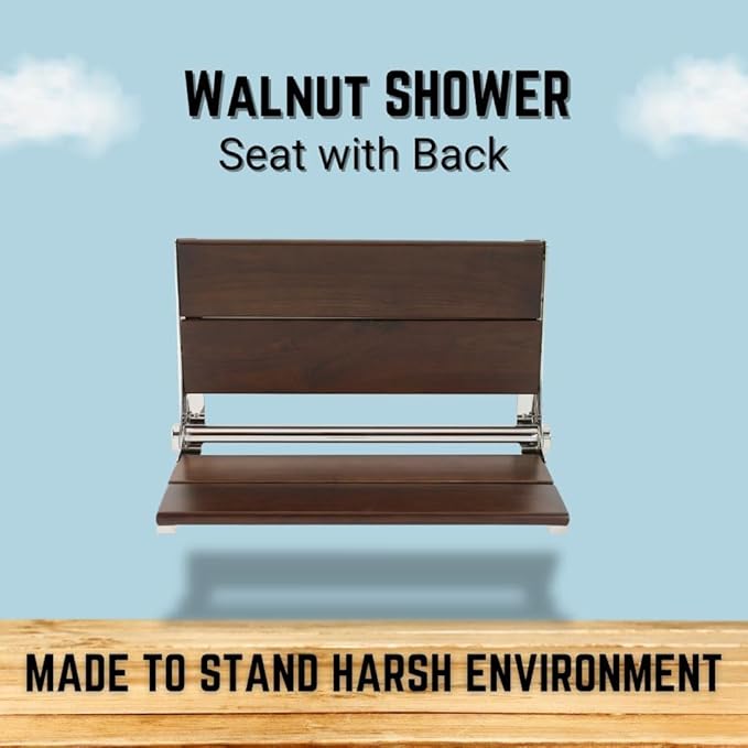Folding Shower Seat Wall Mounted with Back | 500 lbs Maximum Load Capacity | ADA Compliant Safety Assist Teak Shower Seat for Seniors, Handicapped, and Children | 304 Stainless Steel Frame | 26” x 16”