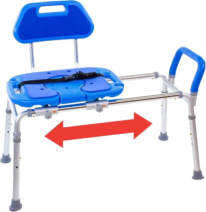 Platinum Health Sliding Shower Chair HydroGlyde Premium Heavy Duty, Padded Bathtub Transfer Bench with Cut Out Seat, for Bath Tub, Adjustable Legs, and Safety Belt, Quick Tool-Less Assembly, Blue