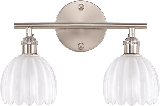 Bathroom Light Fixtures, 2-Light Vanity Wall Light Over Mirror with White Tulip Glass Shade for Bedroom Living Room (Bulb Not Included), Satin Nickel
