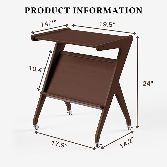 ZIYOO Solid Wood Mobile Side Table with Lockable Wheels, Multi-Functional Rolling End Table & Nightstand for Bedroom/Living Room, Small Spaces, Walnut