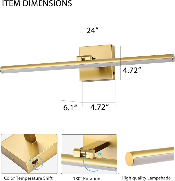 24 Inch LED Bathroom Vanity Light (3000K/4000K/6000K, Dimmable), Brass Modern Bathroom Light Fixture Over Mirror, Vanity Light Bar with Angle Adjustable