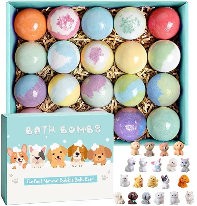Bath Bombs for Kids with Surprise Inside for Girls Boys Toddlers, 20 Pack Organic Kids Bath Bombs with Puppy Dolls Inside, Kids Safe Handmade Bubble Bath Fizzies, Ideal Birthday Christmas Gift Set