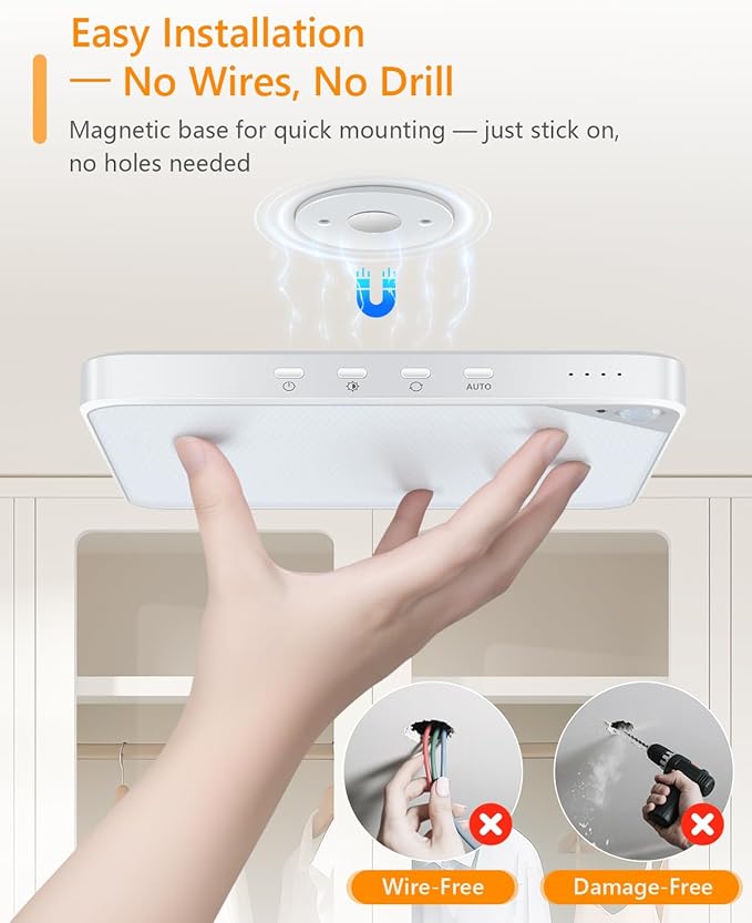 Rechargeable 8W Motion Sensor Ceiling Light Indoor, Wireless Magnetic Stick on Closet Light, Remote Control for Color & Brightness, Battery Operated Light for Shower, Bathroom, Pantry, Hallway, 2-Pack