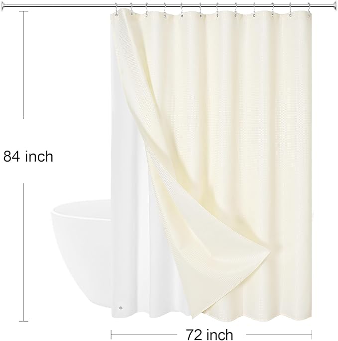 3 in 1 Extra Long Cream Shower Curtain Set-72 W x 84 H, Ivory Waffle and PEVA Liner Set with 12 Stainless Steel Hooks, Waterproof Fabric for Bathroom