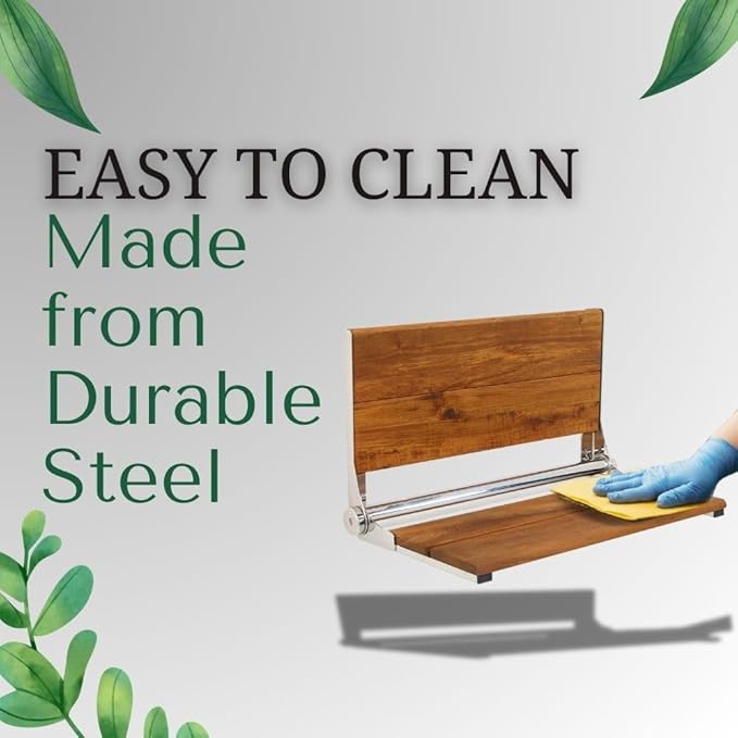 Folding Shower Seat Wall Mounted with Back | 500 lbs Maximum Load Capacity | ADA Compliant Safety Assist Teak Shower Seat for Seniors, Handicapped, and Children | 304 Stainless Steel Frame | 26” x 16”