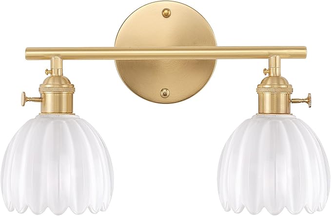 Bathroom Light Fixtures, 2-Light Brass Vanity Wall Light Over Mirror with White Tulip Glass Shade for Bedroom Living Room (Bulb Not Included)
