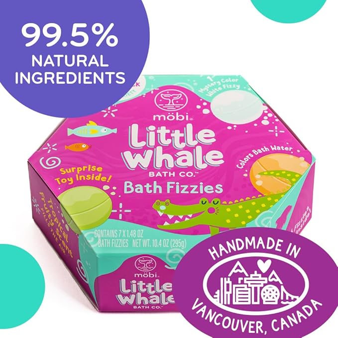 Mobi Little Whale Bath Bombs for Kids 7-Pack, Bath Bombs with Toys Inside, Tropical Fruity Scents, Skin-Friendly & Non-GMO, Fun Color Fizzies for Toddlers