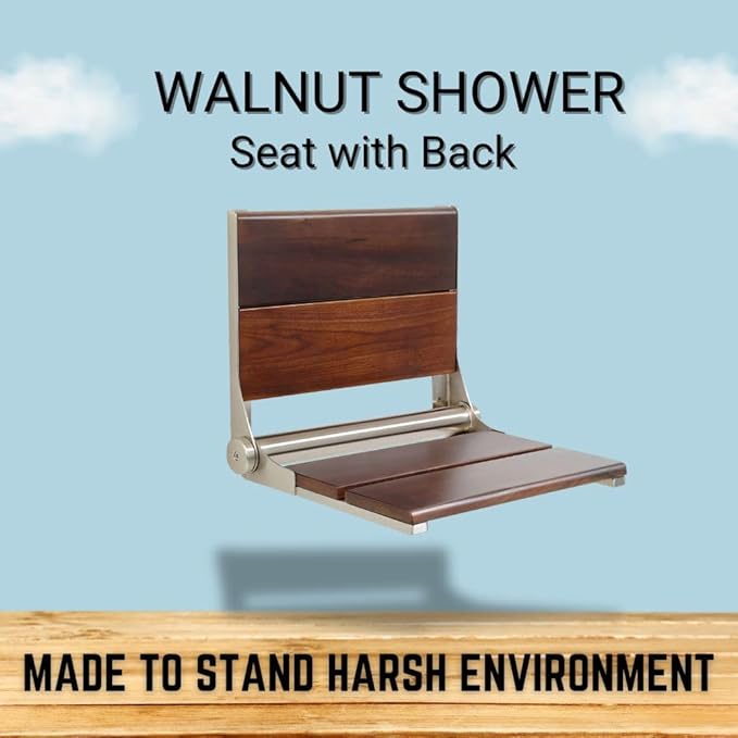Folding Shower Seat Wall Mounted with Back | 500 lbs Maximum Load Capacity | ADA Compliant Safety Assist Teak Shower Seat for Seniors, Handicapped, and Children | 304 Stainless Steel Frame | 26” x 16”
