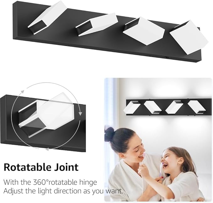 Aipsun Matte Black Bathroom Light Fixtures - 4 Lights LED Modern Vanity Lighting Fixtures Over Mirror (White Light 6000K)