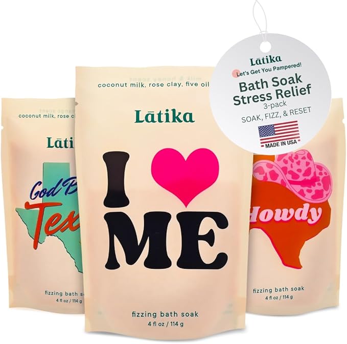 Latika Bath Soaks Set of 3 - Texas, Howdy, I Heart Me - Moisturizing Fizzing Bath Soak for Stress Relief & Muscle Recovery with Essential Oils, Epsom Salt & Natural Scents - Self-Care Spa Gift