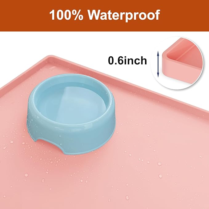 19” x 12” Heavy Duty Waterproof Silicone Mat with Raised Edge, BPA Free Non-Slip Dog & Cat Food Mat, Feeding Mat for Food and Water Bowls, Spill Proof Mat to Protect Floors, Pink