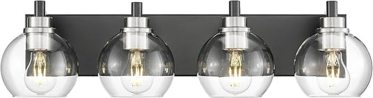 Bathroom Light Fixtures, 4-Light Black and Brushed Nickel Bathroom Vanity Light, 26 Inch Modern Wall Sconces with Globe Clear Glass Shade, Vanity Lighting Fixtures Over Mirror, VL195-KN-4