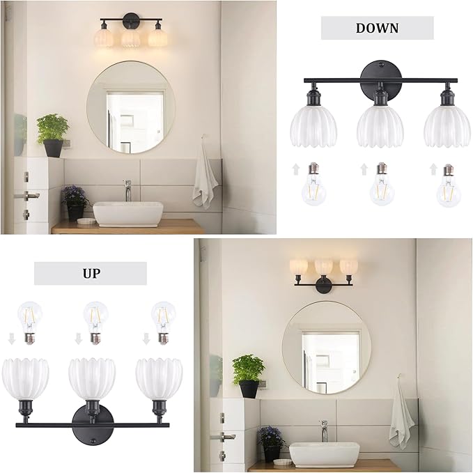 Bathroom Light Fixtures, 3-Light Black Vanity Wall Light Over Mirror with White Tulip Glass Shade for Bedroom Living Room (Bulb Not Included)