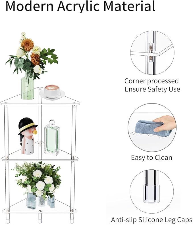 Clear Triangle Acrylic Side Table for Small Space, 11.81" L x 11.81" W x 26.7" H, 3-Tier Transparent Corner Shelf Stand End Table, Corner Storage Display Rack for Living Room Bedroom Bathroom