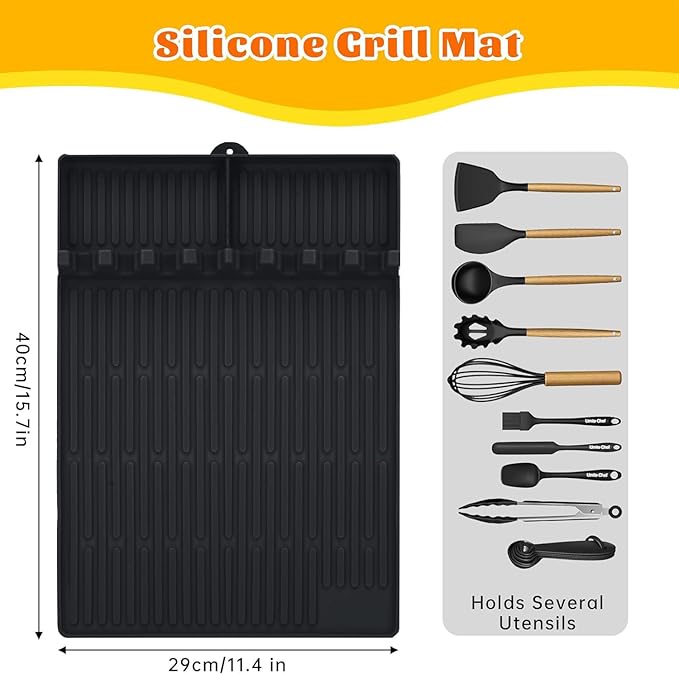 3 in 1 Silicone Griddle Tools Mat for Blackstone, Large Grill Side Shelf Mat, Heat Resistant Silicone Spatula Mat with Drip Pad, Utensil Rest with Drip Pad for Kitchen, Stovetop, Countertop- Black