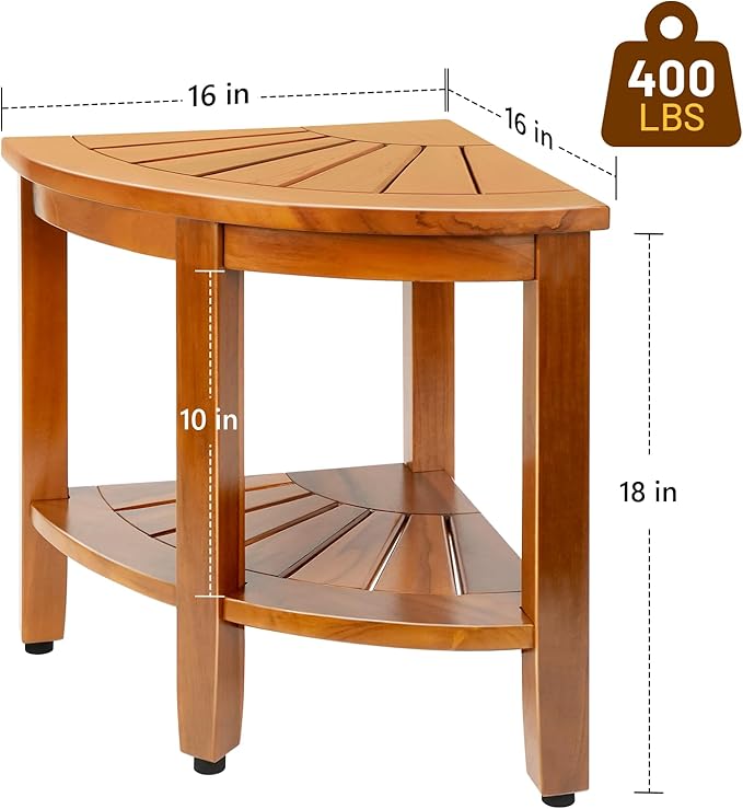 18" Premium Teak Corner Shower Bench with Shelf, Solid Teak Shower Stool, Durable Waterproof Wooden Seat for Inside Shower, Teak Wood Bench for Bathroom, Indoor & Outdoor Use