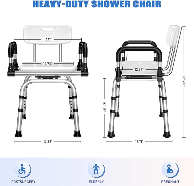 360 Degree Shower Chair Swivel,Shower Seat with Armrests and Back, Adjustable Bathroom Shower Chair