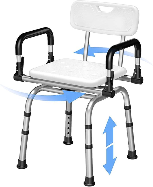 360 Degree Shower Chair Swivel,Shower Seat with Armrests and Back, Adjustable Bathroom Shower Chair