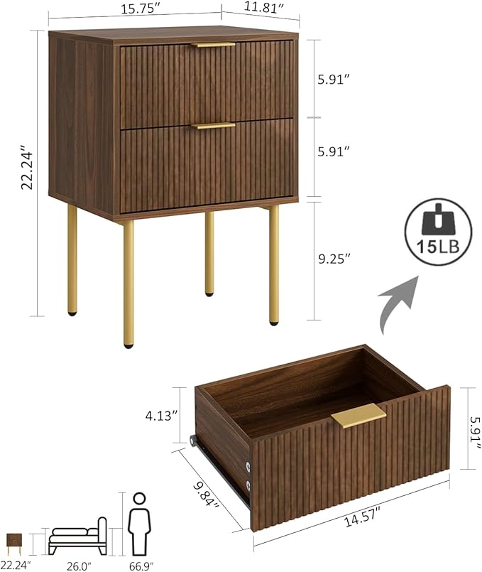 Masupu Night Stand,Mid-Century Modern Bedside Table with 2 Storage Drawer,Small Gold Frame Side End Table for Bedroom,Living Room, Walnut