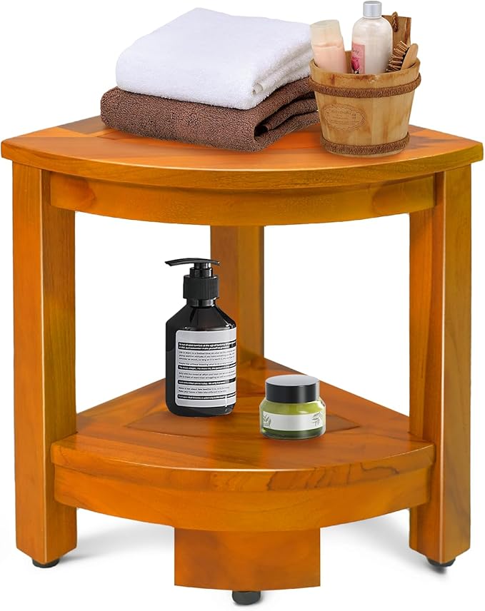 16.5" Teak Corner Shower Bench with Storage Shelf for Shaving Legs, Teak Shower Stool for Inside Shower, Waterproof Shower Foot Rest, Shower Seat for Bathroom, Indoor & Outdoor Use