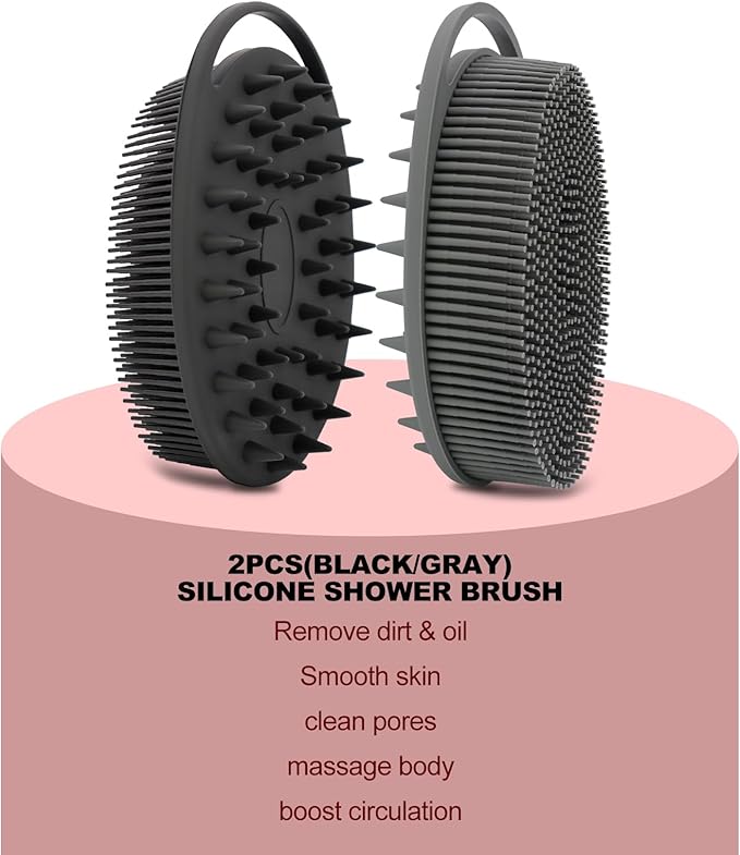 2 Pack Silicone Body Scrubber, Loofah Double-Sided Body Brush,Shower Scrubber and Scalp Massager Shampoo Brush for Sensitive Kids Women Men All Kinds of Skin (Black & Gray)
