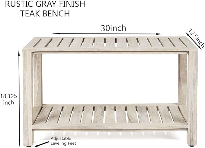 TeakCraft Teak Gray Shower Bench with Shelf 30 Inch for Bathroom, Spa - Fully Assembled, Shower Stool, Rustic Gray Finish The Ricina