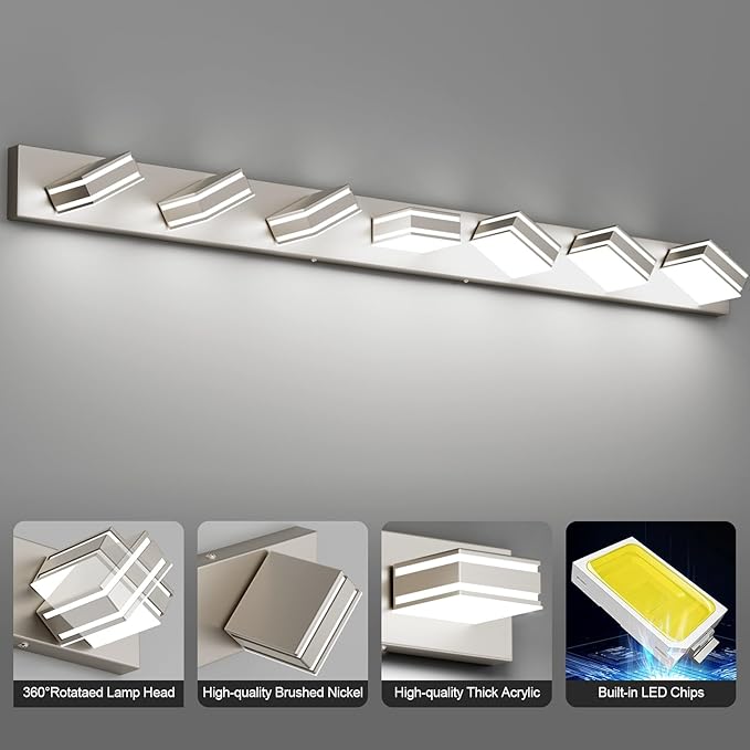 Ralbay 55inch Brushed Nickel Vanity Light for Bathroom 7-Light Metal Acrylic Modern LED Bathroom Light Fixtures