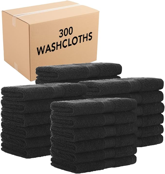 Arkwright True Color Solid Wash Cloths - Soft 100% Cotton Bulk Washcloths 300 Pack - Lightweight 475 GSM, Absorbent & Quick Dry for Face and Body, 12 x 12 in, Black