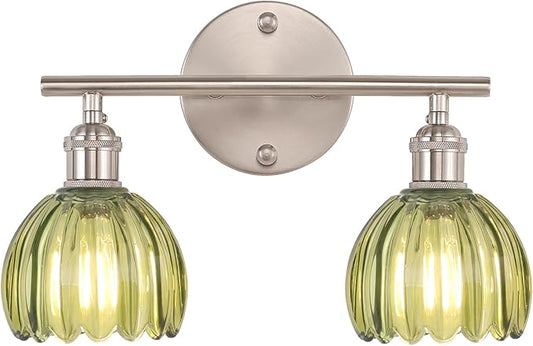 Bathroom Light Fixtures, 2-Light Vanity Wall Light Over Mirror with Green Tulip Glass Shade for Bedroom Living Room (Bulb Not Included), Satin Nickel