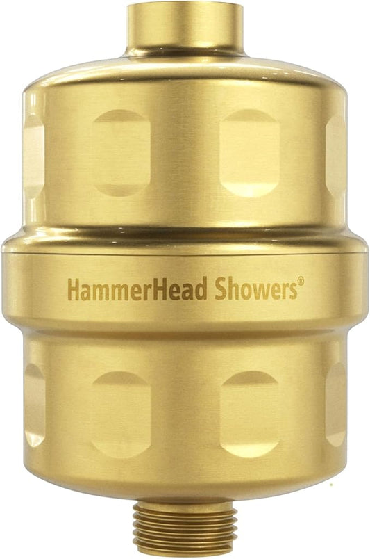 HammerHead Showers® Solid Metal Shower Head Filter – KDF 55 Shower Filter, High Pressure Universal Shower Filters to Remove Toxic Chemicals – Removes Chlorine and Heavy Metals – Brushed Gold