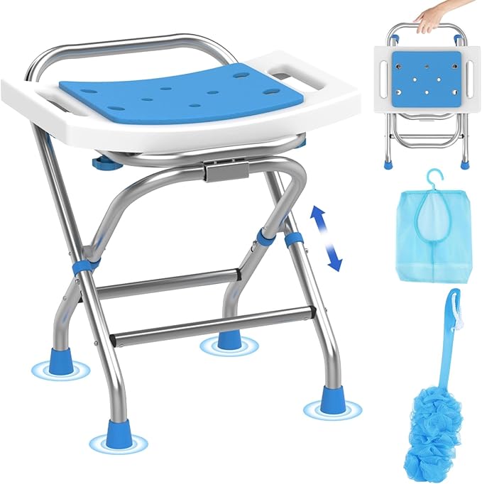 Folding Shower Seat - Stainless Steel Shower Chair for Inside Shower - 420lbs Height Adjustable Foldable Shower Stool - Portable Travel Collapsible Bath Bench for Elderly, Handicap & Disabled (White)