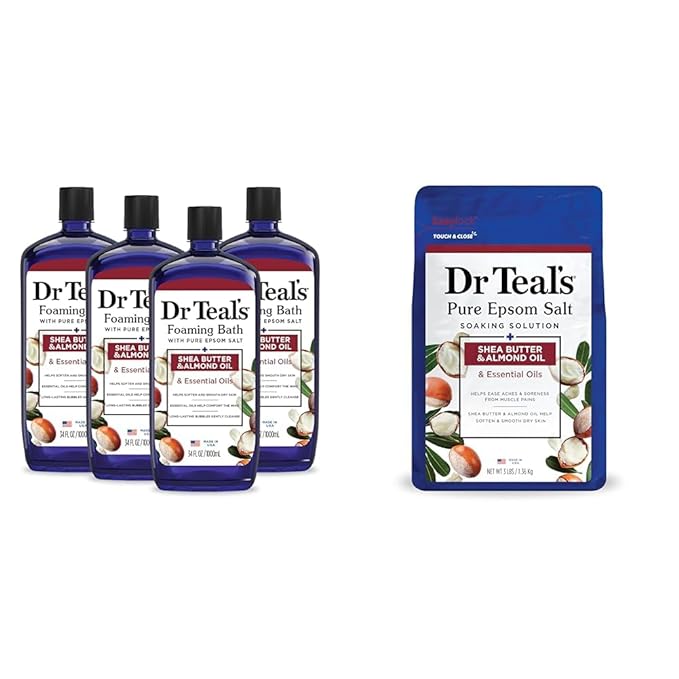Dr Teal's Foaming Bath with Pure Epsom Salt, Shea Butter & Almond, 34 fl oz (Pack of 4) (Packaging May Vary) & Salt Soak with Pure Epsom Salt, Shea Butter & Almond, 3 lbs