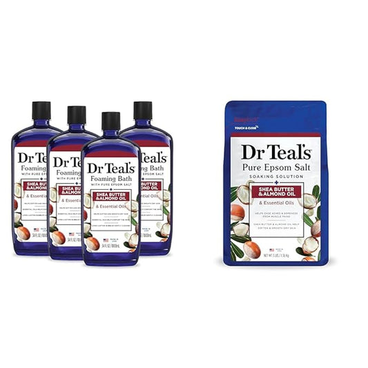Dr Teal's Foaming Bath with Pure Epsom Salt, Shea Butter & Almond, 34 fl oz (Pack of 4) (Packaging May Vary) & Salt Soak with Pure Epsom Salt, Shea Butter & Almond, 3 lbs
