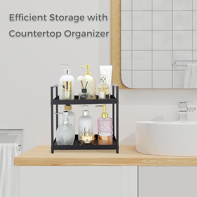 2-Tier Countertop Organizer for Bathroom – Cosmetic Organizer Rack and Storage Shelf for Bedrooms, Offices, Kitchen Counters, and Under Sinks (Black)