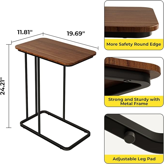 C Shaped Side Table, Small End Table MDF Black Walnut Coffee Table, Modern Simplicity C End Table with Steel Frame for Living Room, Bedroom (Black Walnut)