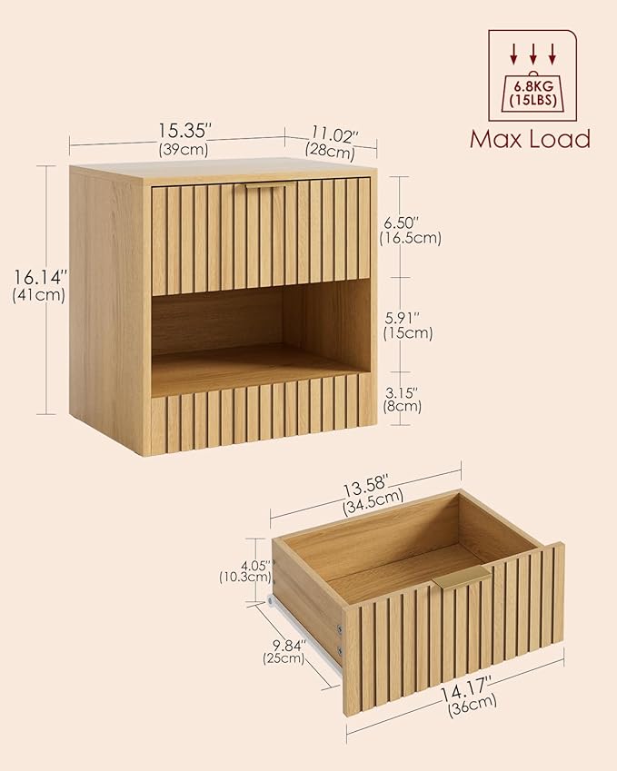 Small Nightstand, Modern Night Stand, Bedside Table with Drawer and Open Shelf, Cube Design, Small Side Table for Bedroom, Living Room, Oak