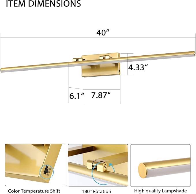40 Inch LED Bathroom Vanity Light (3000K/4000K/6000K, Dimmable), Brass Modern Bathroom Light Fixture Over Mirror, Vanity Light Bar with Angle Adjustable