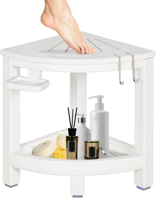 2-Tier Corner Shower Stool with Hooks & Soap Dish, HDPE Shower Bench for Shaving Legs, Wood-Like Shower Stool for Inside Shower with Non-Slip Foot Pads, Waterproof Shower Foot Rest (White)